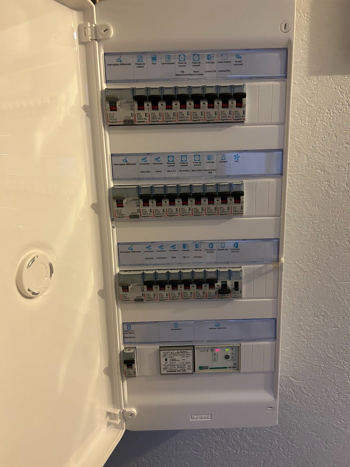 Mise en conformité du tableau électrique avec interrupteurs différentiels et disjoncteurs recalibrés conformément aux normes en vigueur.